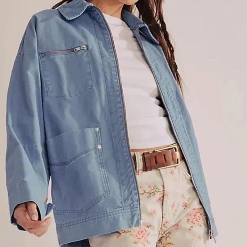 Free People Easy That Canvas Jacket We The Free Pockets Zip Up Autumn Sky M NWT
